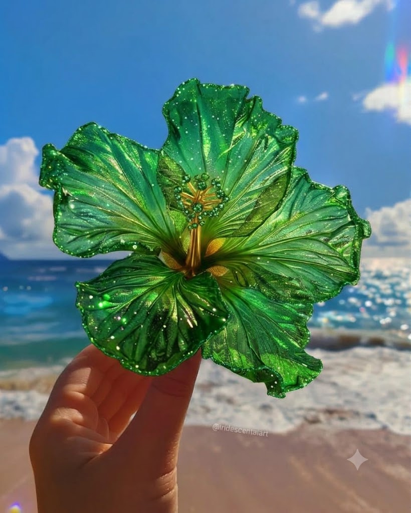 A translucent, glittery green hibiscus flower pendant held against a blurred tropical beach background.